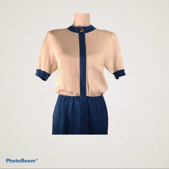 Vintage SCHRADER KNIT Sz ? Blue & Cream Dress - Picture 2 of 9